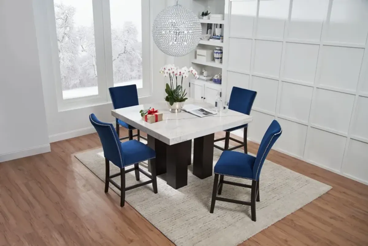 Artemis Counter-Height Marble Dining Table and 4 Upholstered Stools - White Marble/Blue