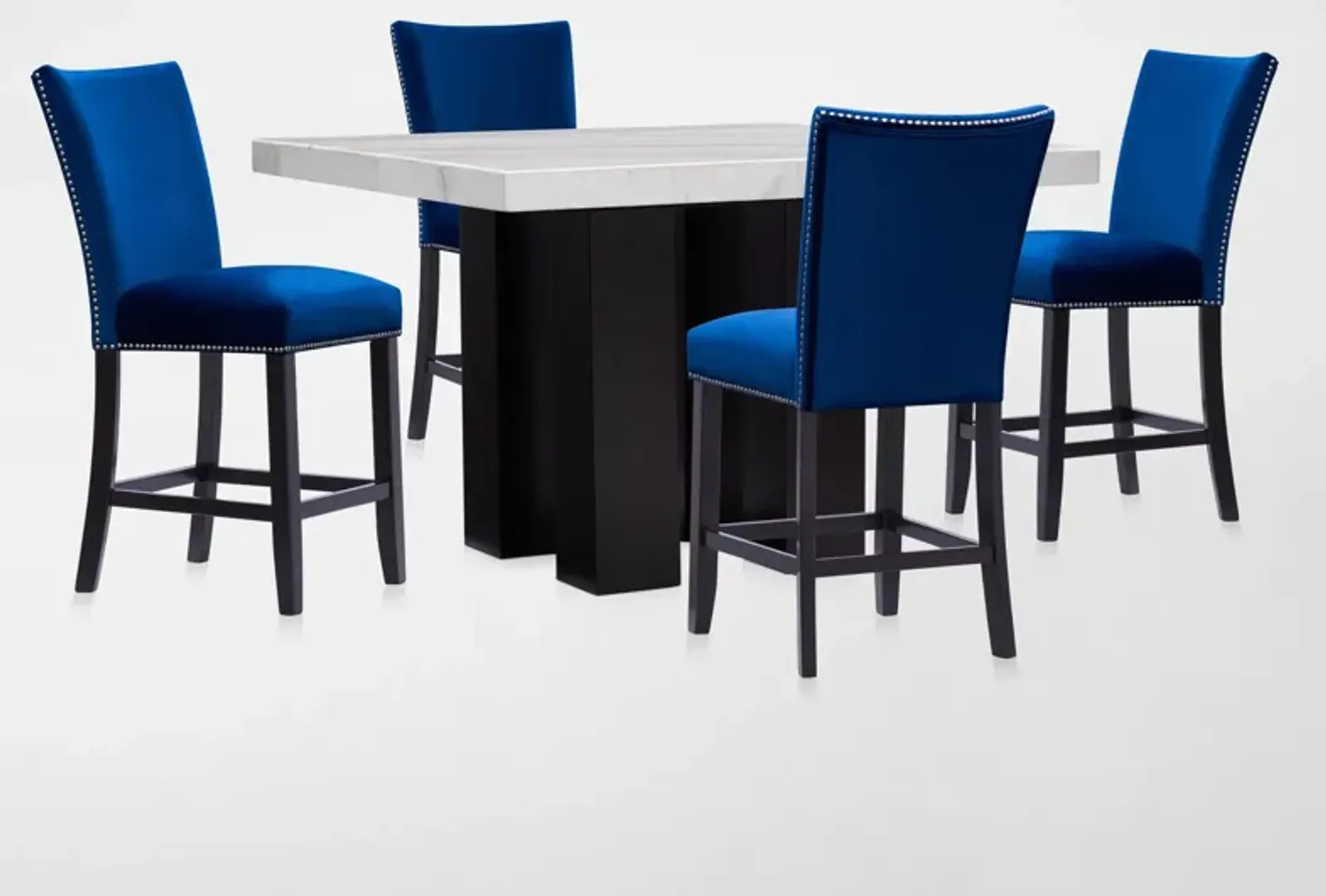 Artemis Counter-Height Marble Dining Table and 4 Upholstered Stools - White Marble/Blue