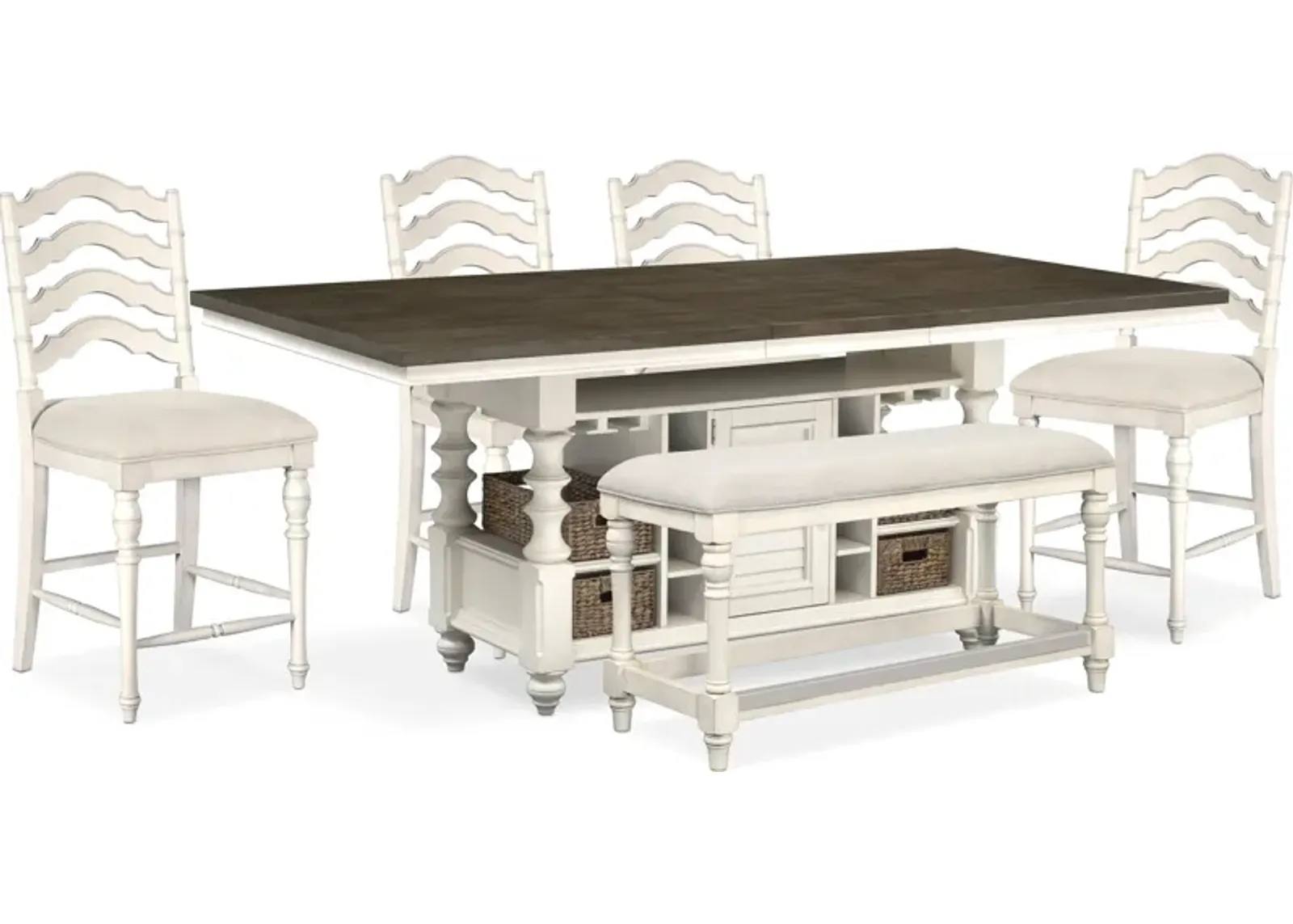 Charleston Kitchen Island, 4 Stools and Bench - White