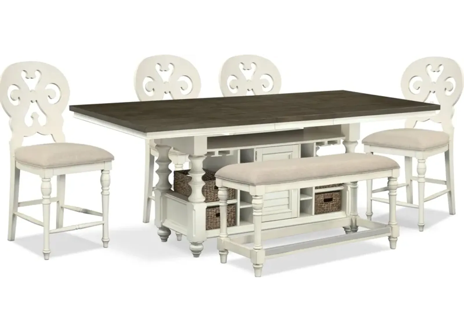 Charleston Kitchen Island, 4 Scroll-Back Stools and Bench - White