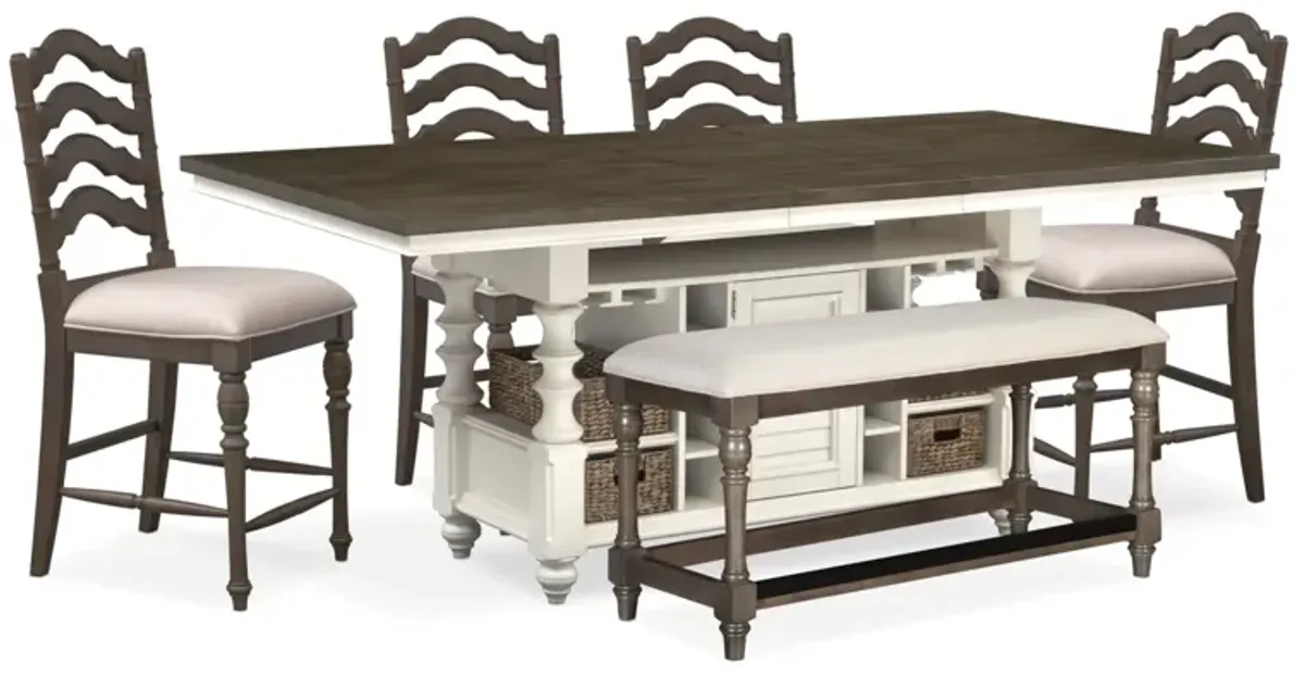 Charleston Kitchen Island, 4 Stools and Bench - Gray