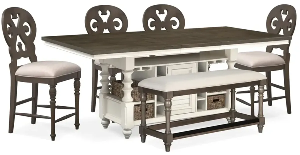 Charleston Kitchen Island, 4 Scroll-Back Stools and Bench - Gray