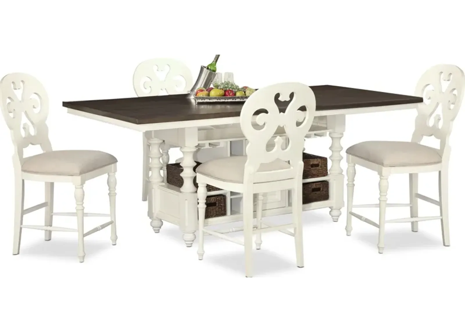 Charleston Kitchen Island and 4 Scroll-Back Stools - White