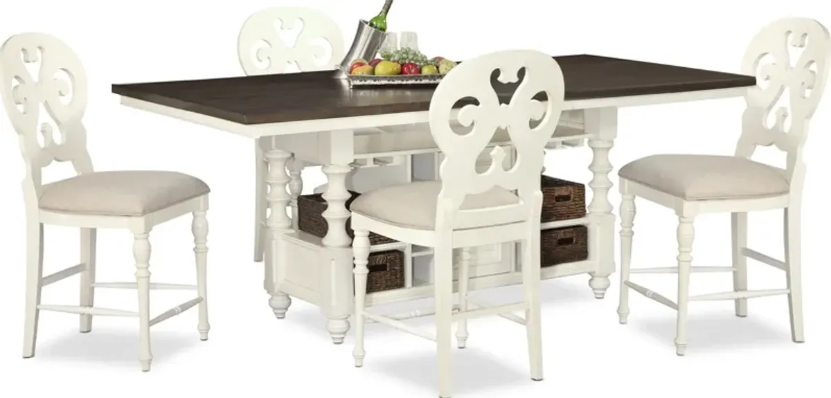 Charleston Kitchen Island and 4 Scroll-Back Stools - White