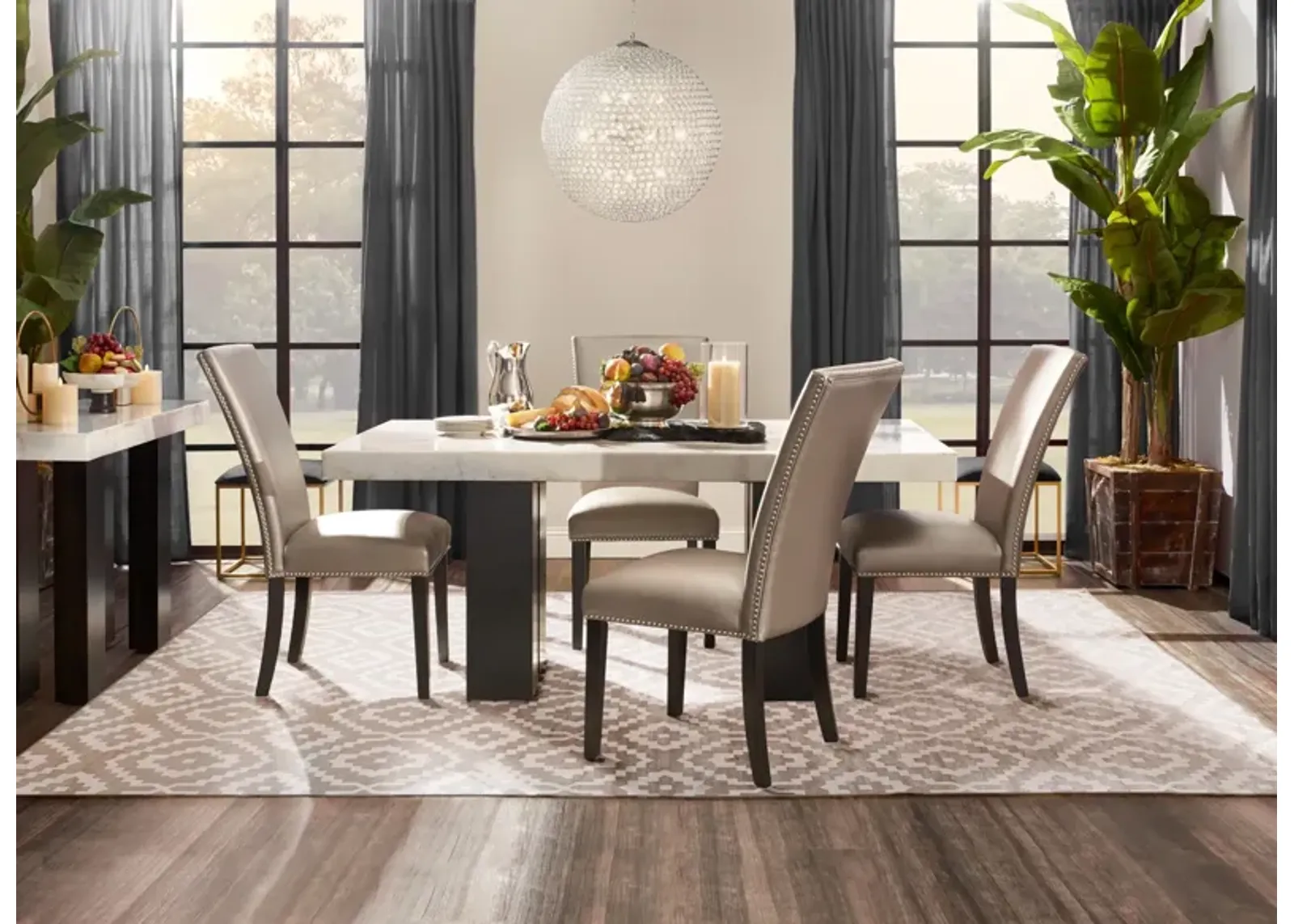 Artemis Marble Dining Table and 4 Upholstered Dining Chairs - White Marble/Gray