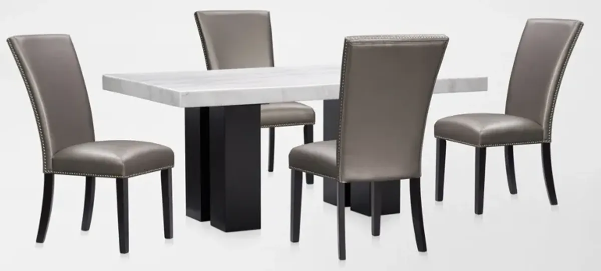 Artemis Marble Dining Table and 4 Upholstered Dining Chairs - White Marble/Gray