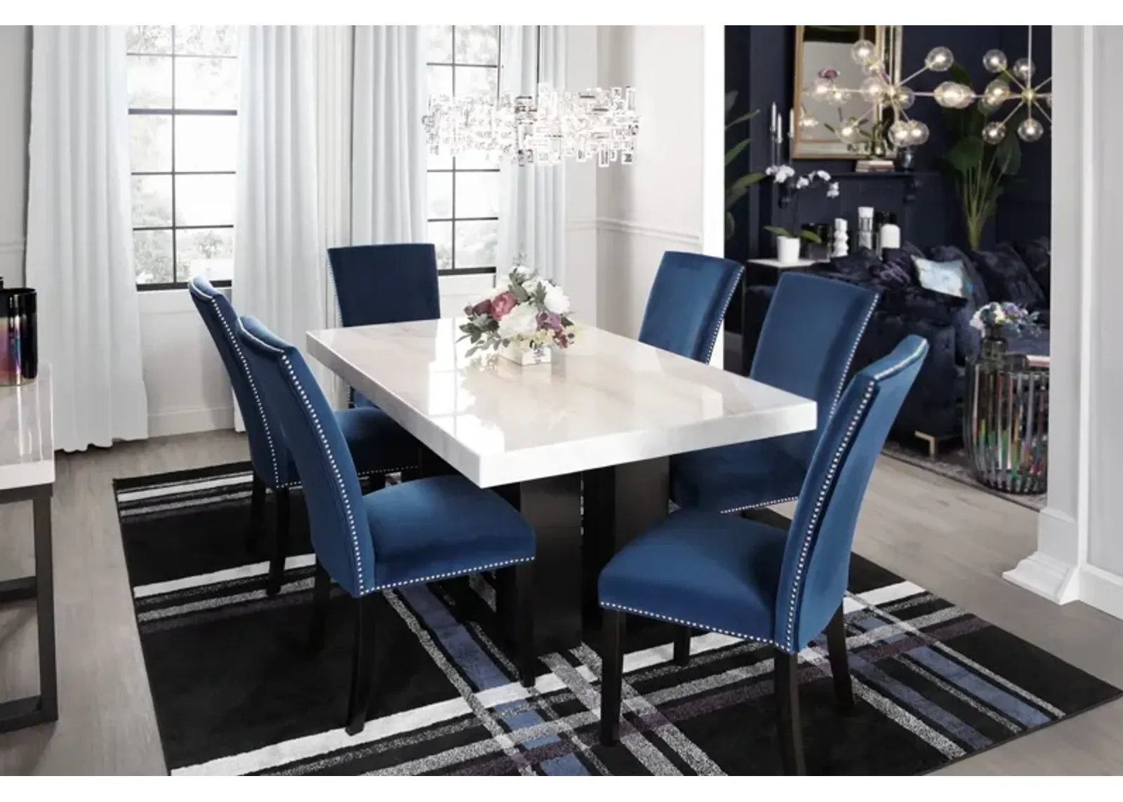 Artemis Marble Dining Table and 6 Upholstered Dining Chairs - White Marble/Blue