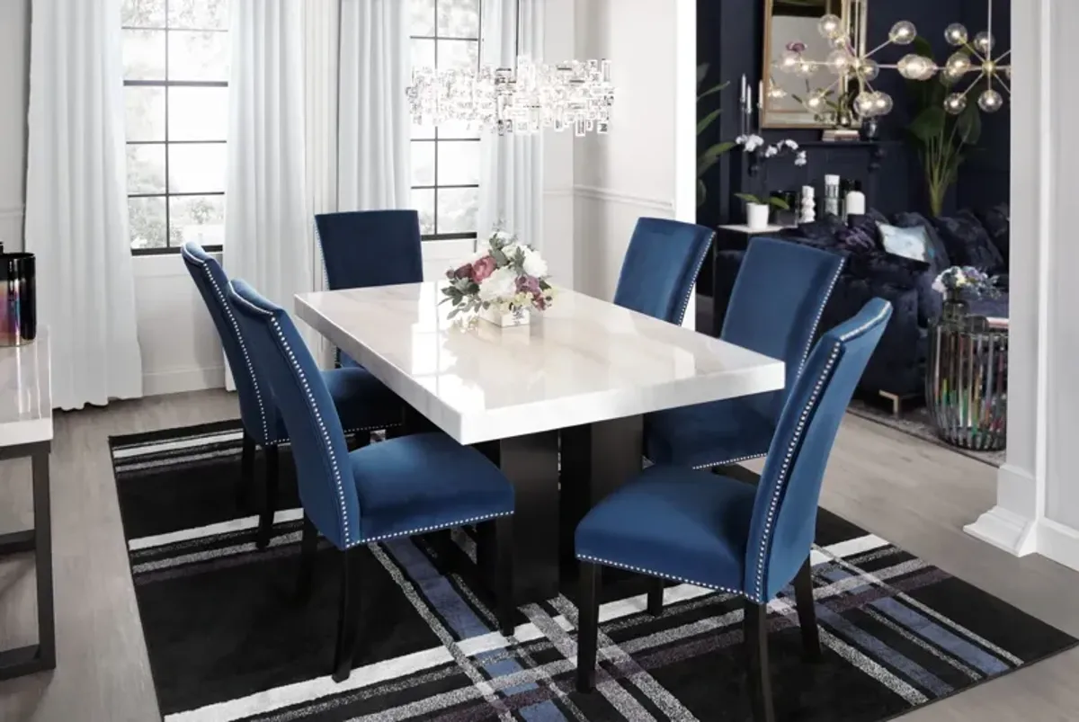 Artemis Marble Dining Table and 6 Upholstered Dining Chairs - White Marble/Blue