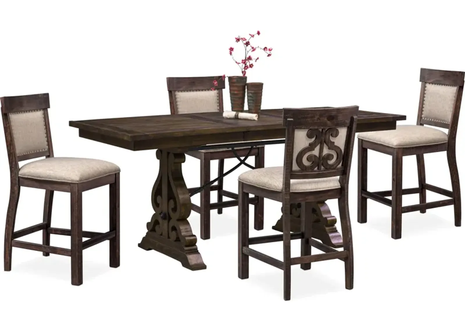 Charthouse Counter-Height Extendable Dining Table and 4 Upholstered Stools - Charcoal