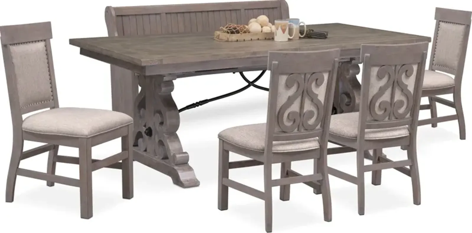 Charthouse Rectangular Extendable Dining Table, 4 Upholstered Dining Chairs and Bench - Gray