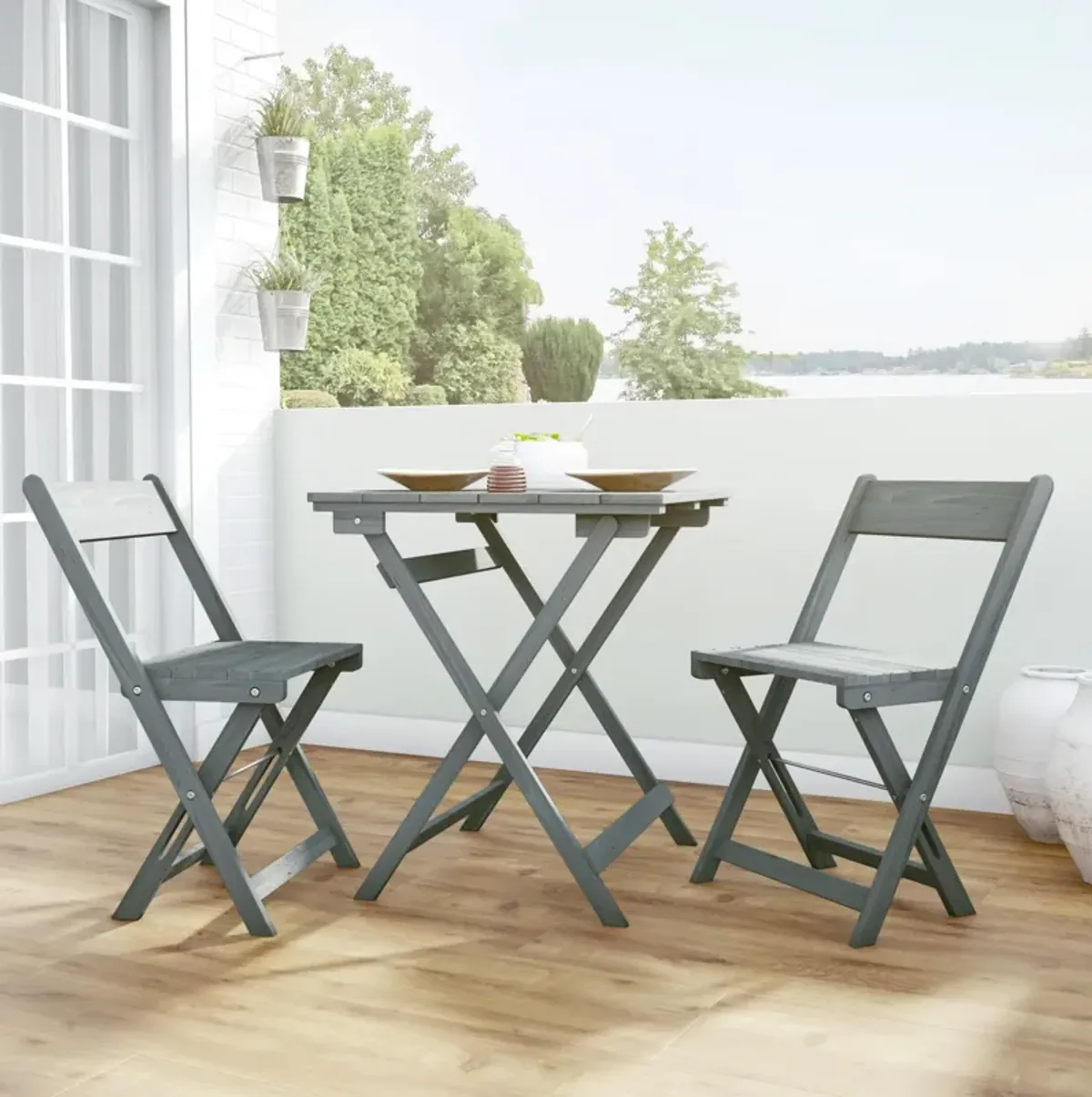 Hampton Beach 3-Piece Outdoor Folding Bistro Set - Gray