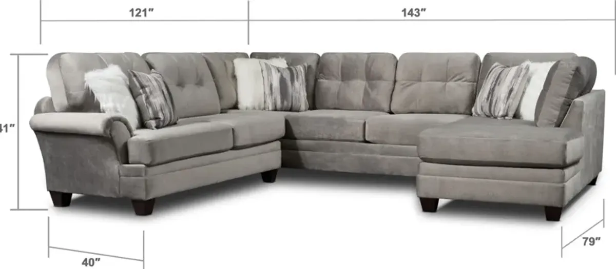 Cordelle 3-Piece Sectional with Right-Facing Chaise - Gray