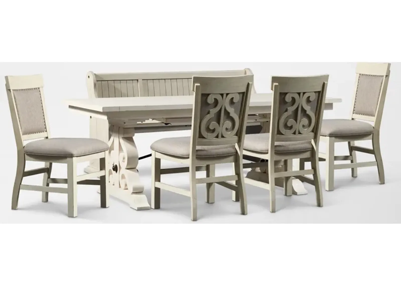 Charthouse Rectangular Extendable Dining Table, 4 Upholstered Dining Chairs and Bench - Alabaster