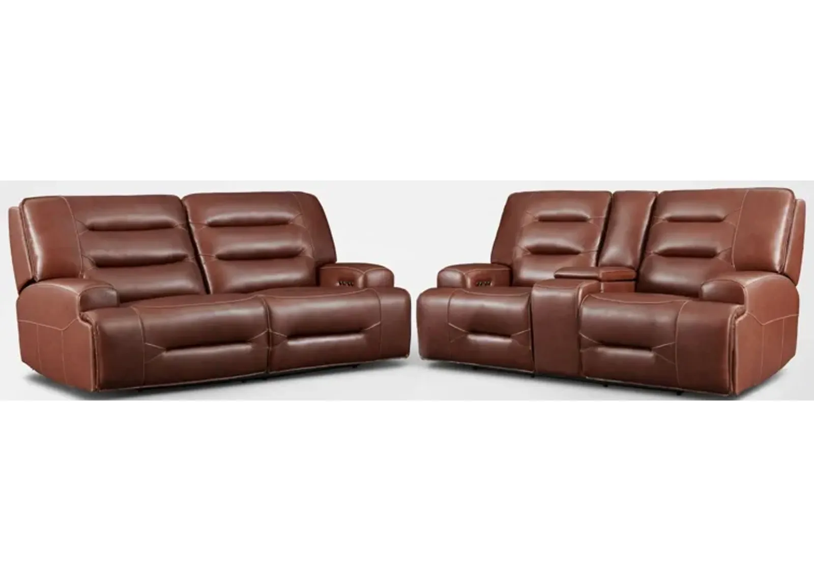 Preston Dual-Power Reclining Sofa and Loveseat Set - Caramel