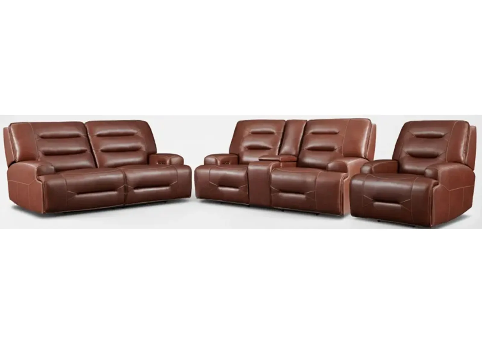 Preston Dual-Power Reclining Sofa, Loveseat and Recliner - Caramel