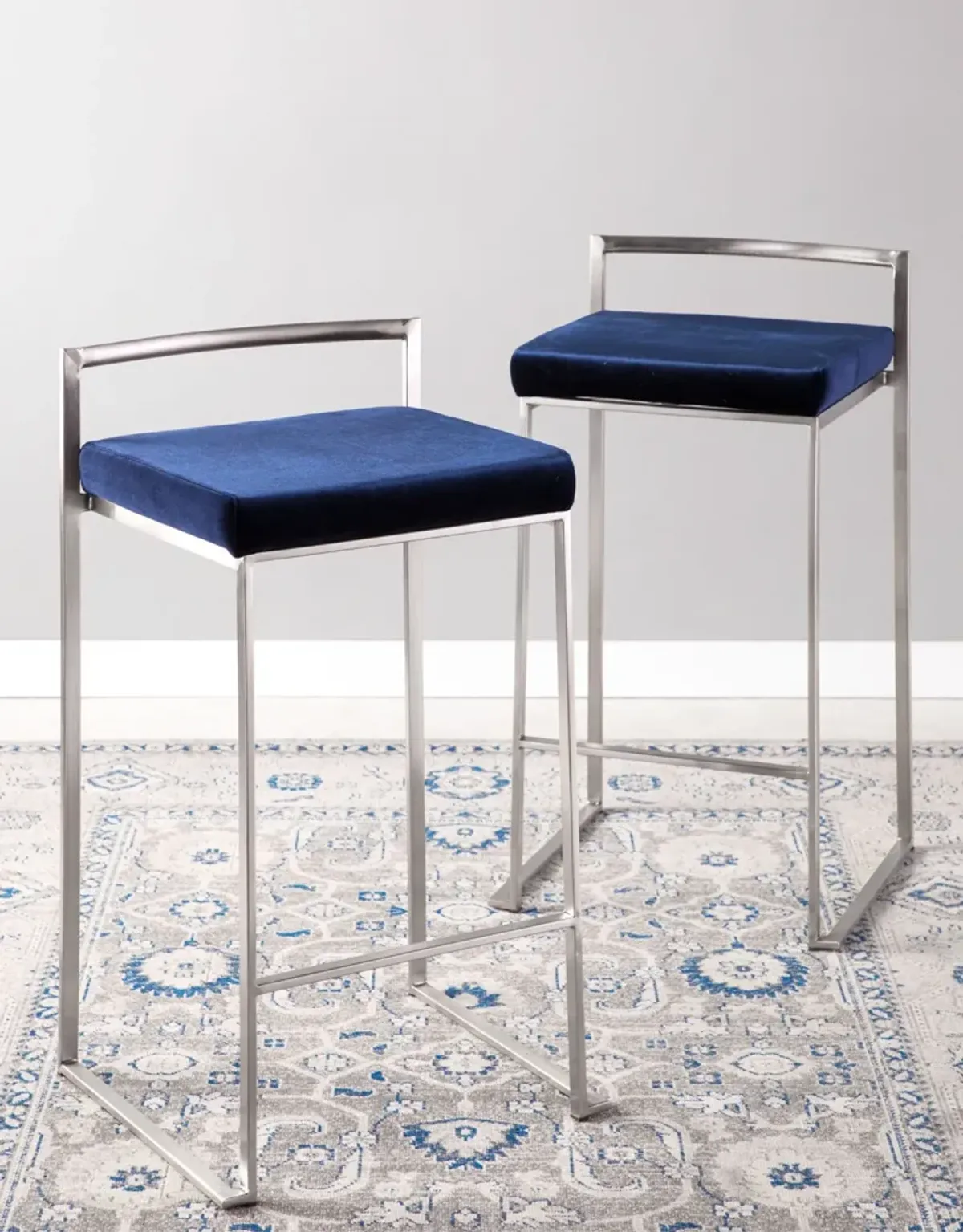 Reine Set of 2 Low Back Velvet Counter Stools - Steel/Blue