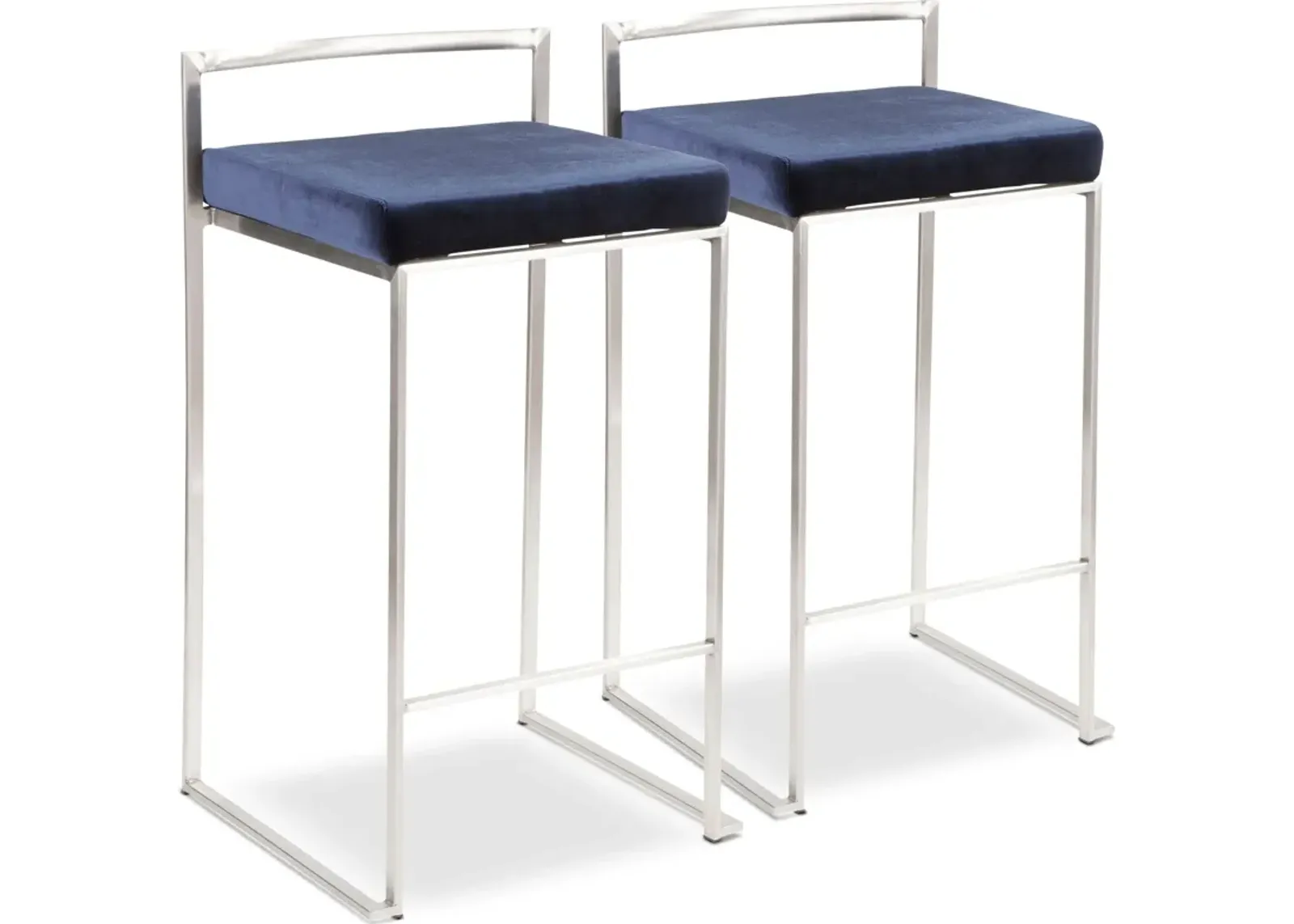 Reine Set of 2 Low Back Velvet Counter Stools - Steel/Blue