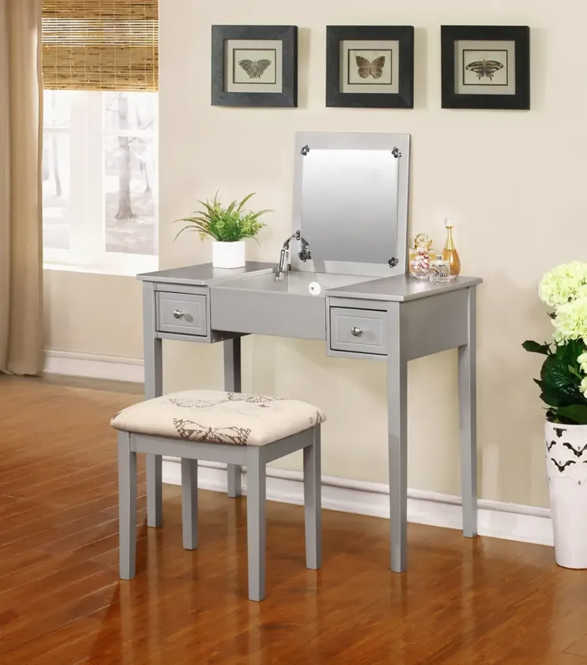 Butterfly Vanity Desk and Stool - Silver