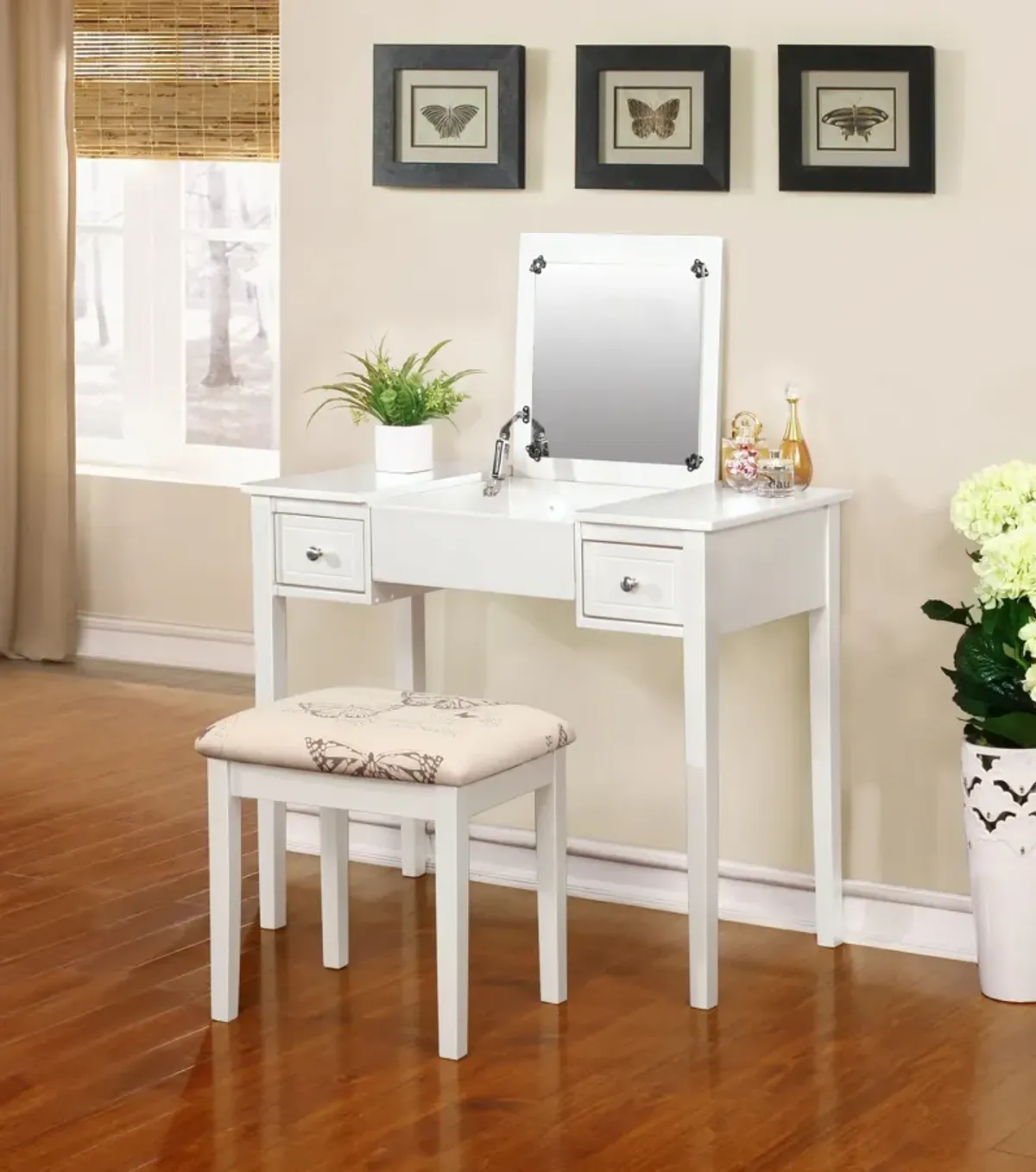 Butterfly Vanity Desk and Stool - White