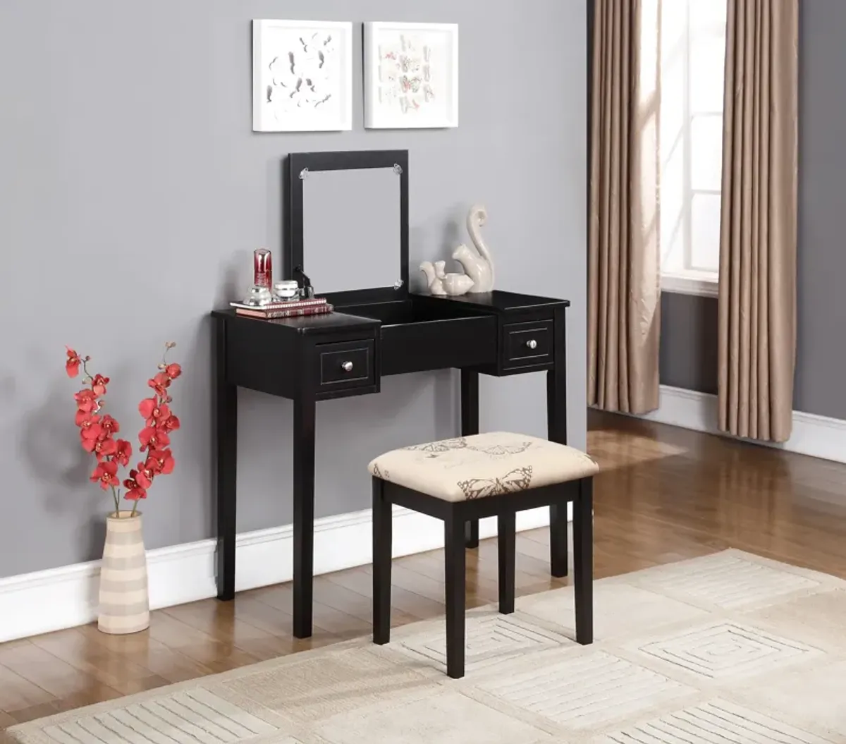 Butterfly Vanity Desk and Stool - Black