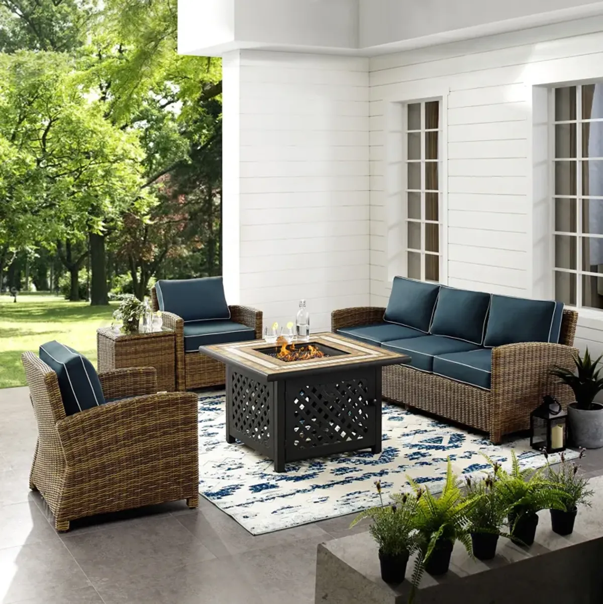 Destin Outdoor Sofa, 2 Chairs, End Table and Fire Table - Navy