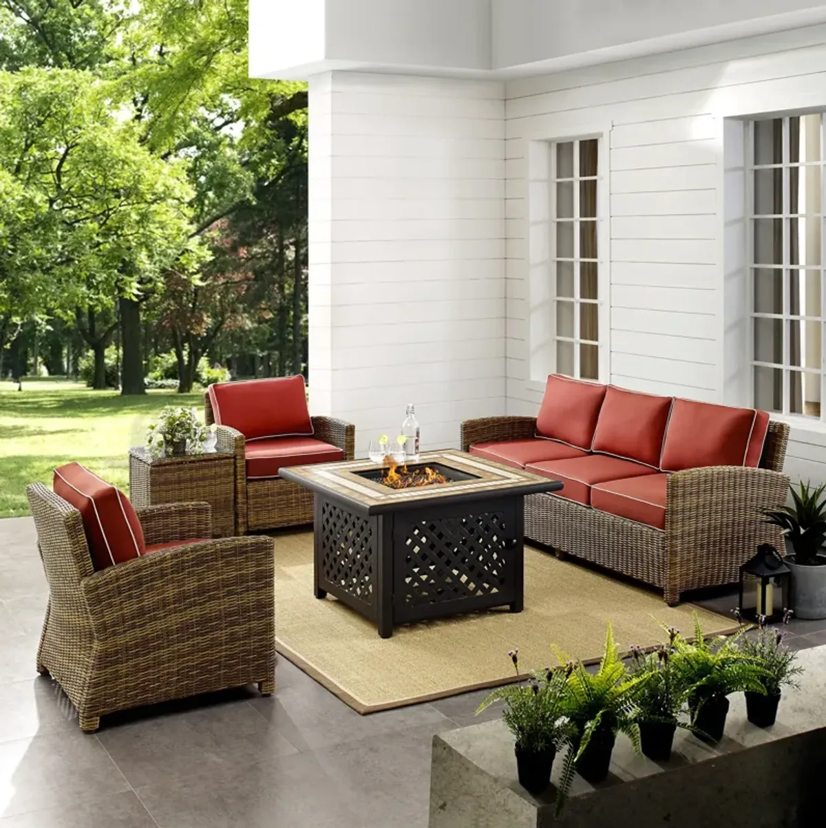 Destin Outdoor Sofa, 2 Chairs, End Table and Fire Table - Sangria