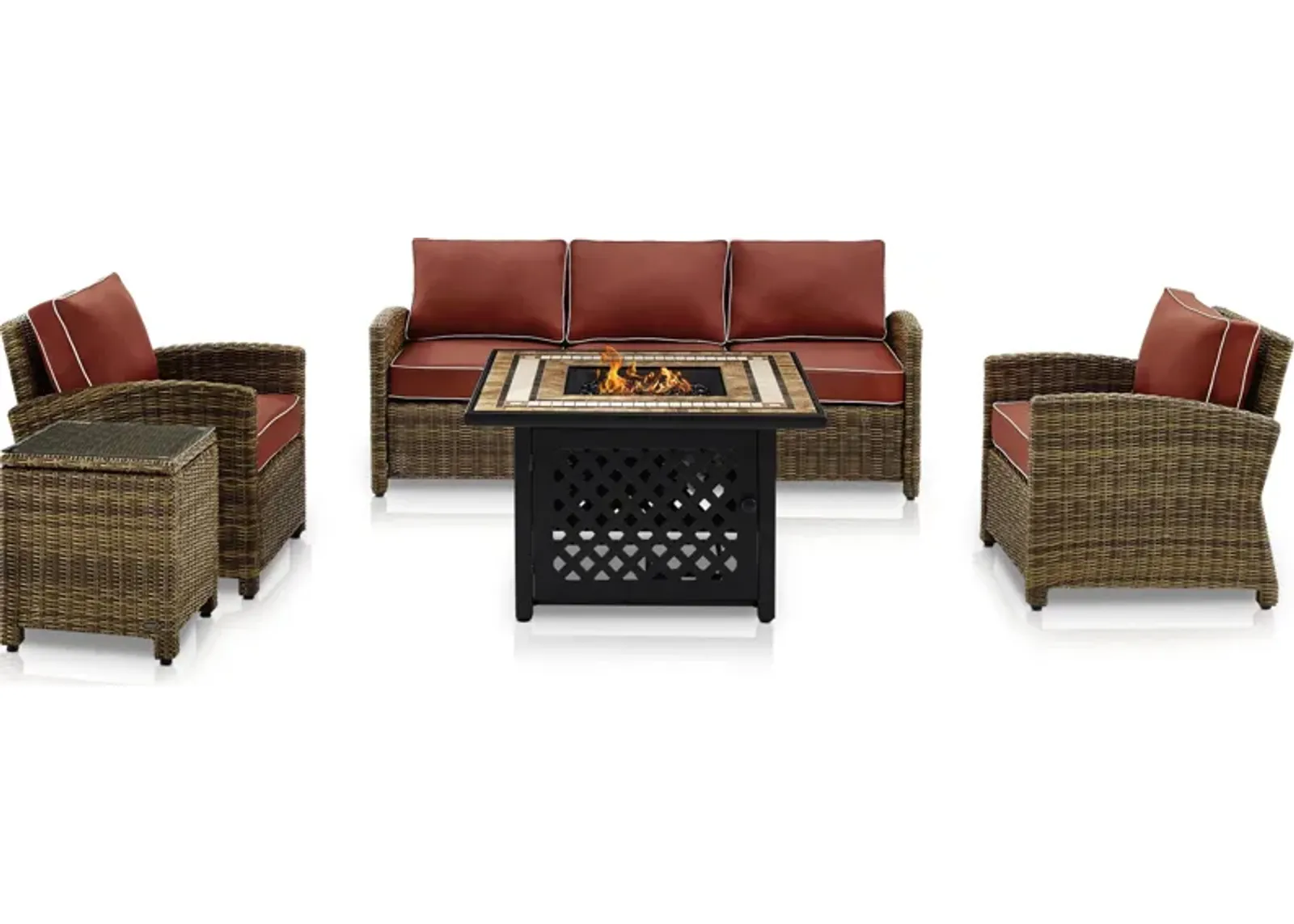 Destin Outdoor Sofa, 2 Chairs, End Table and Fire Table - Sangria