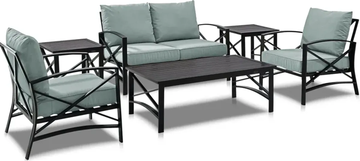 Clarion Outdoor Loveseat, 2 Chairs, Coffee Table and 2 End Tables Set - Mist/Bronze