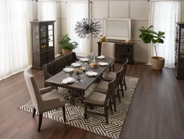 Charthouse Rectangular Extendable Dining Table, 2 Host Chairs, 2 Upholstered Dining Chairs and Bench