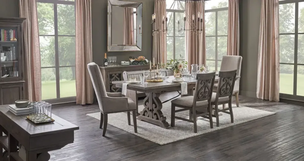 Charthouse Rectangular Extendable Dining Table, 2 Host Chairs, 2 Upholstered Dining Chairs and Bench