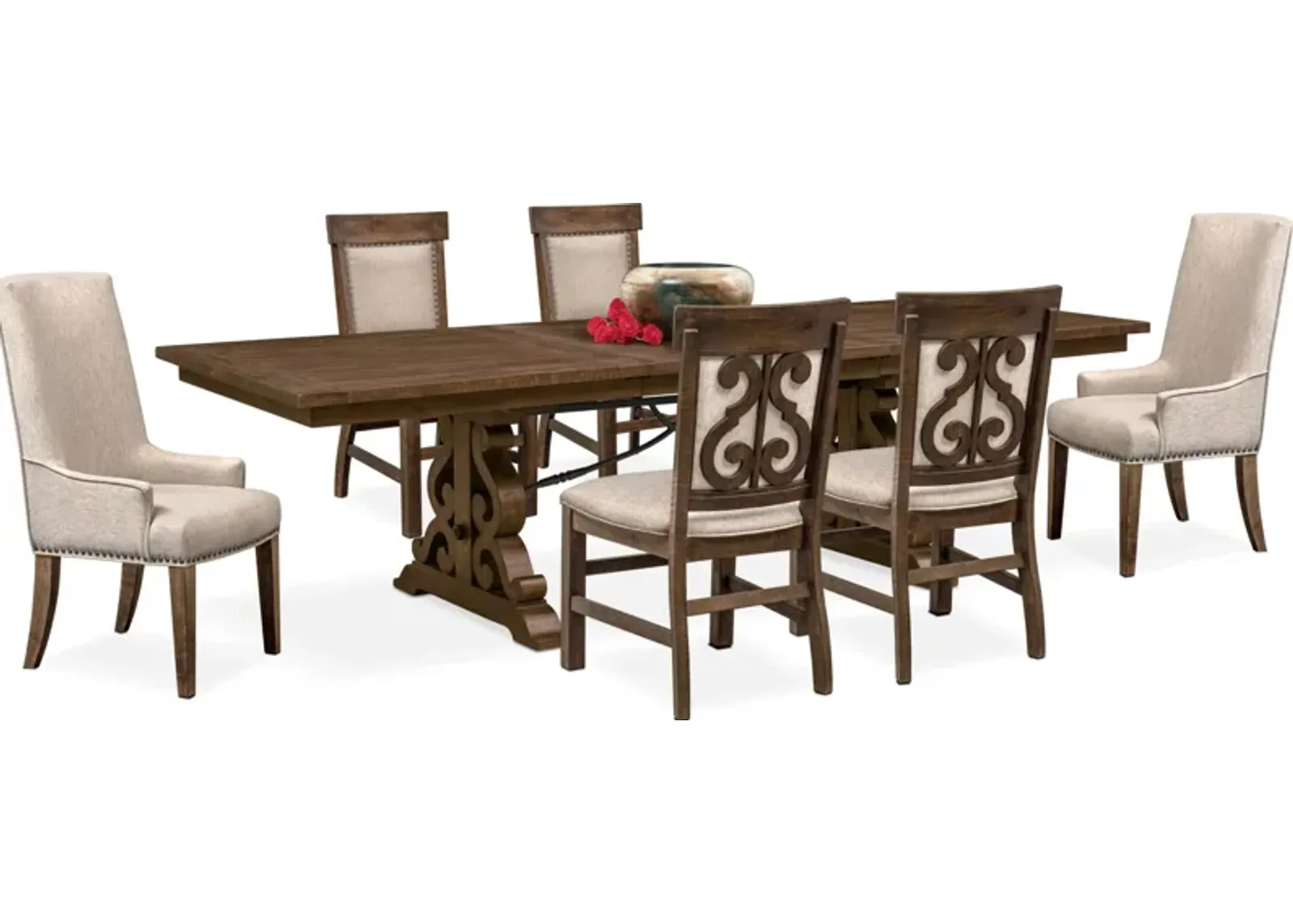 Charthouse Rectangular Extendable Dining Table, 2 Host Chairs and 4 Upholstered Dining Chairs - Nutm