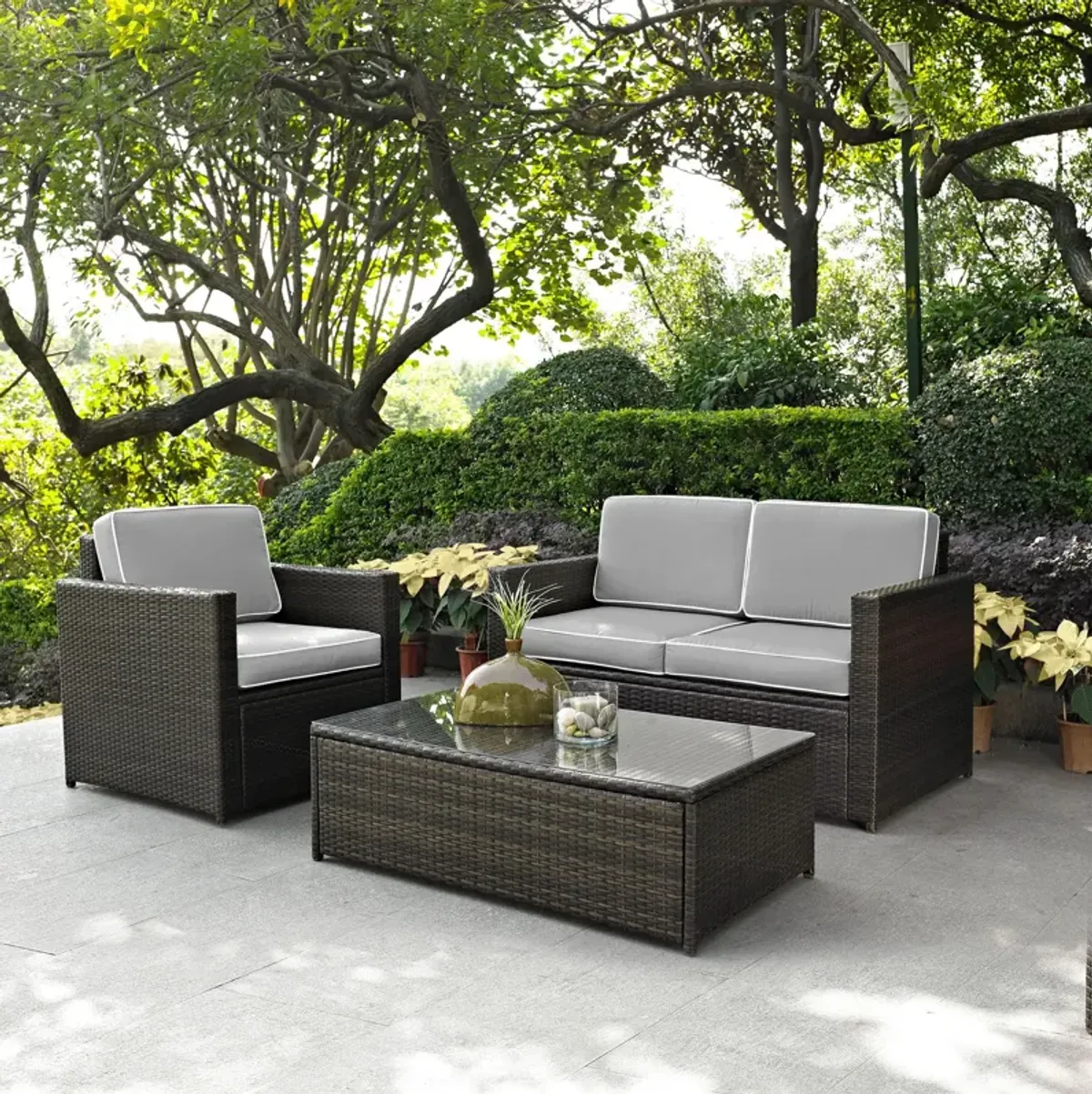 Aldo Outdoor Loveseat, Chair and Coffee Table Set - Gray