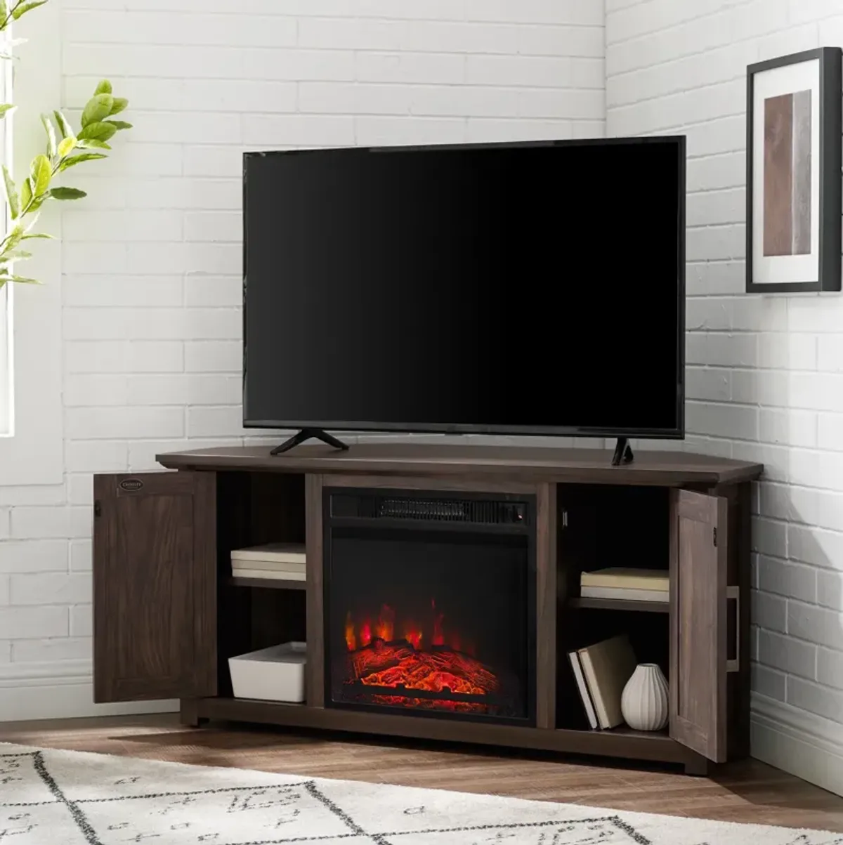 Lucas 48” Corner TV Stand with Fireplace - Dark Walnut