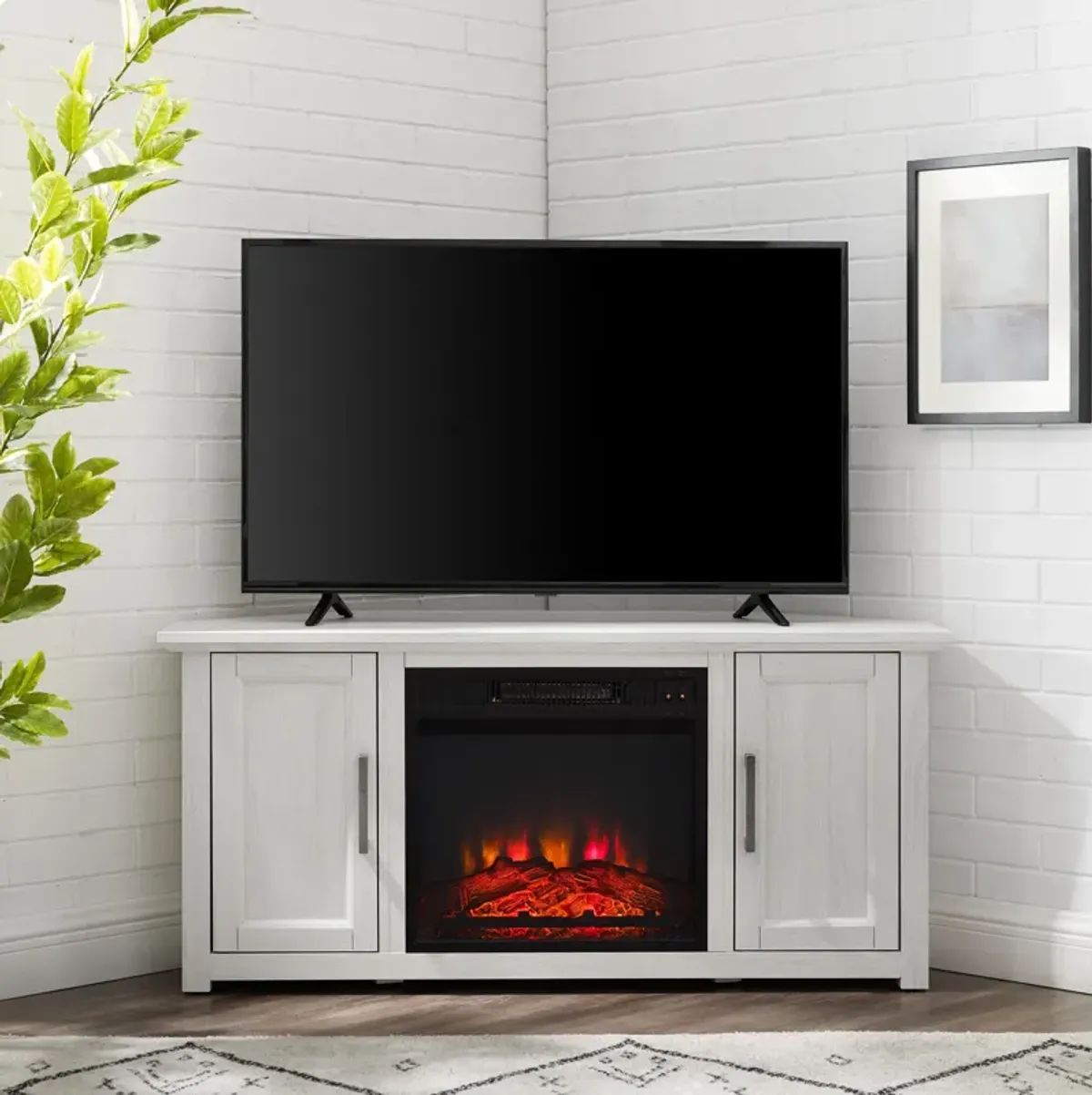 Lucas 48” Corner TV Stand with Fireplace - White