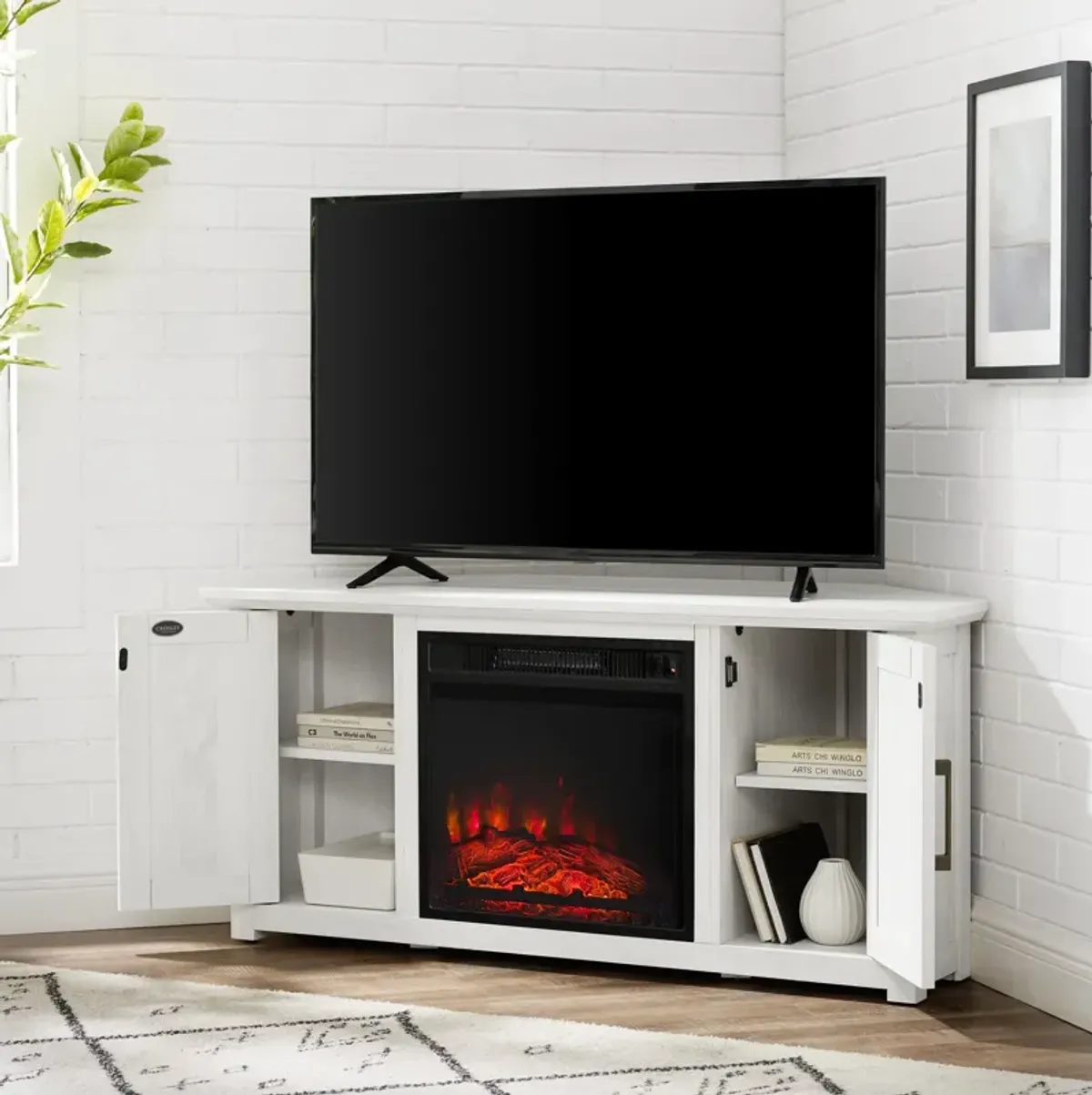 Lucas 48” Corner TV Stand with Fireplace - White