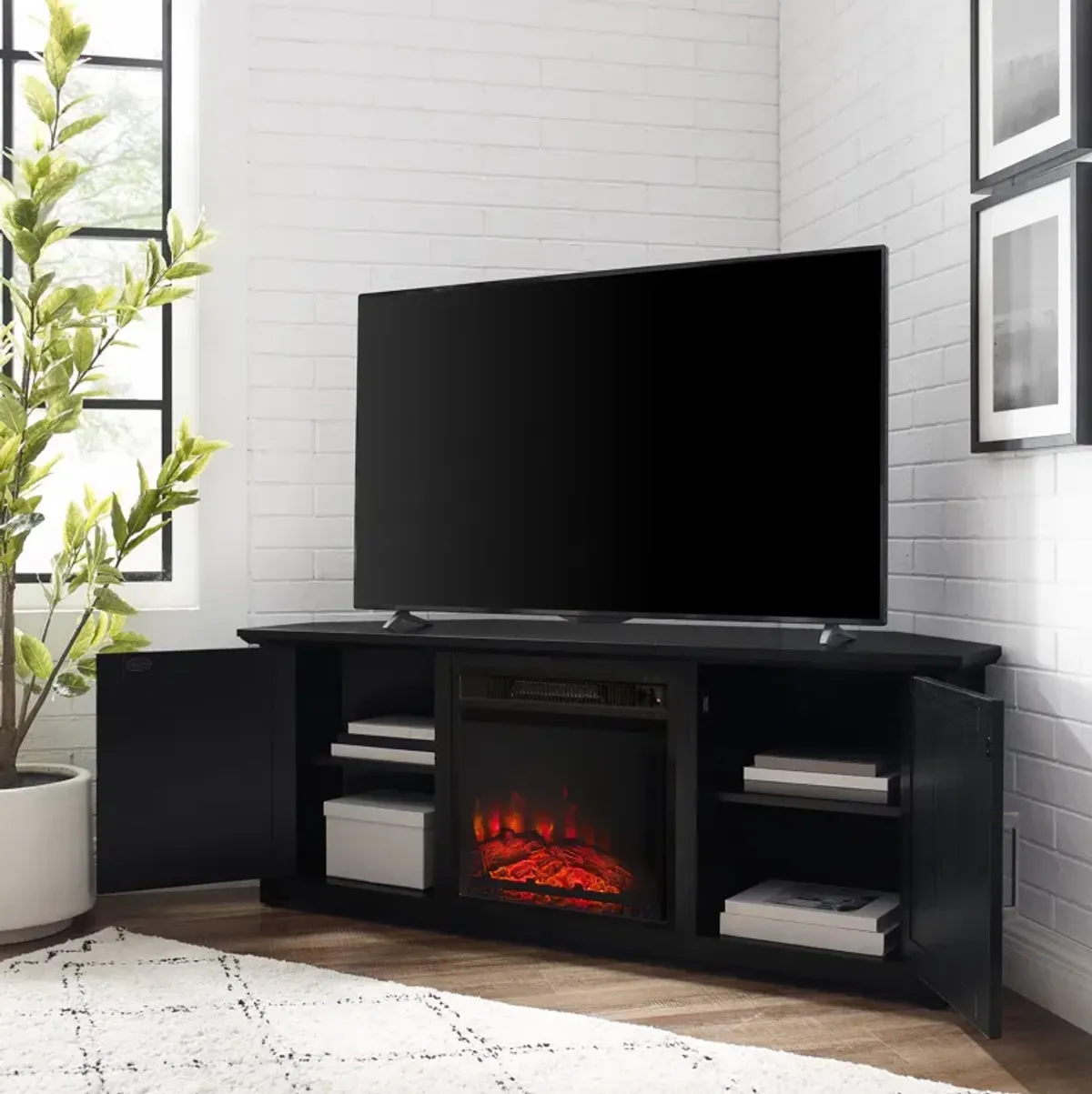 Lucas 58” Corner TV Stand with Fireplace - Black