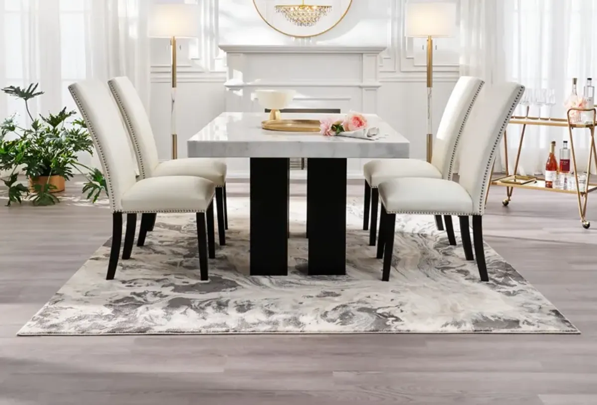 Artemis Marble Dining Table and 4 Upholstered Dining Chairs - White Marble/White