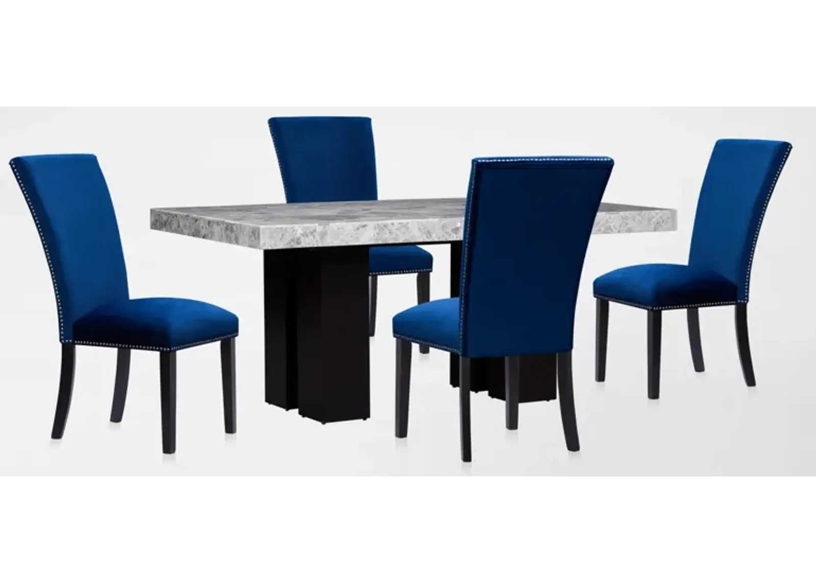 Artemis Marble Dining Table and 4 Upholstered Dining Chairs - Gray Marble/Blue