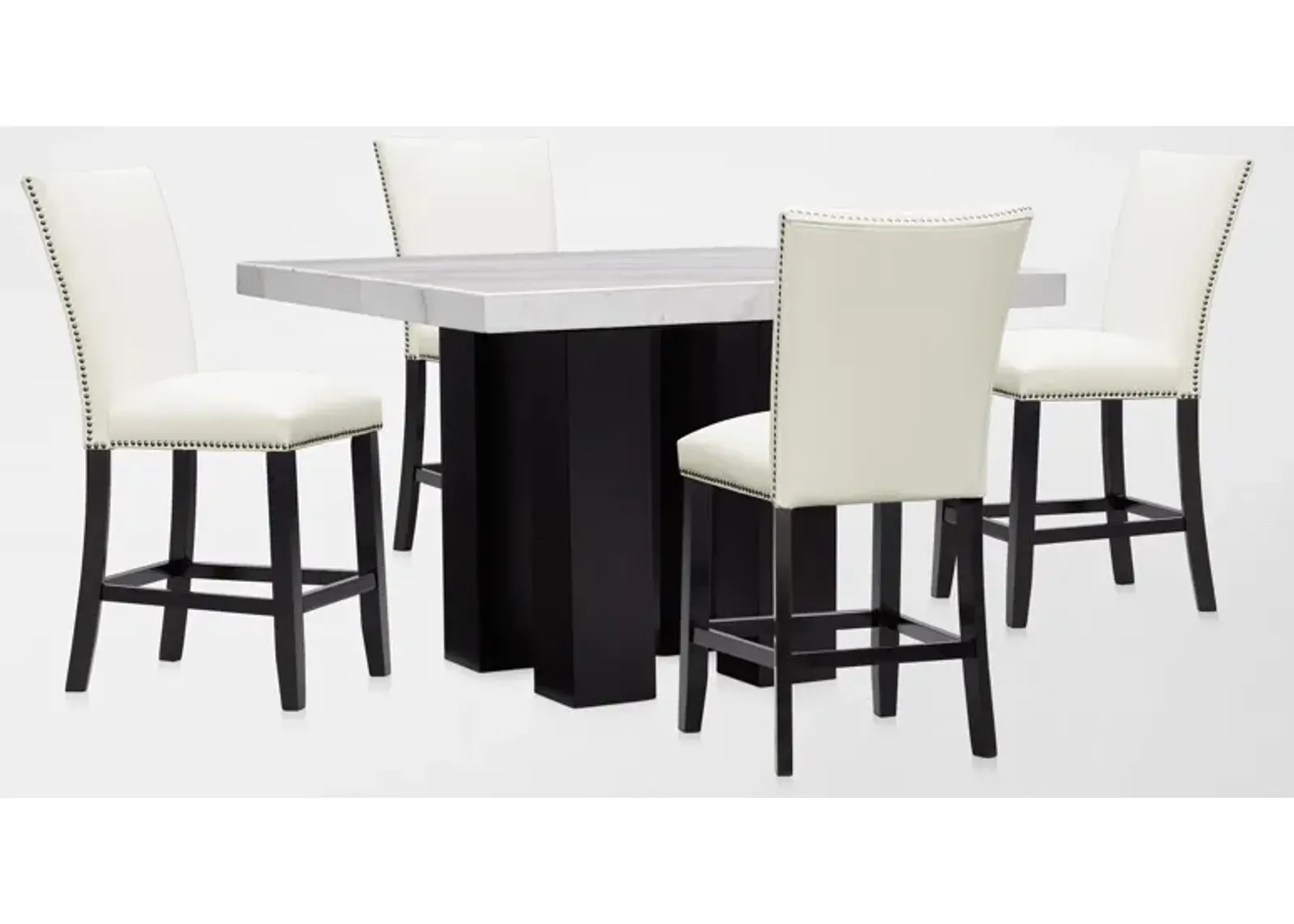 Artemis Marble Counter-Height Dining Table and 4 Upholstered Stools - White Marble/White