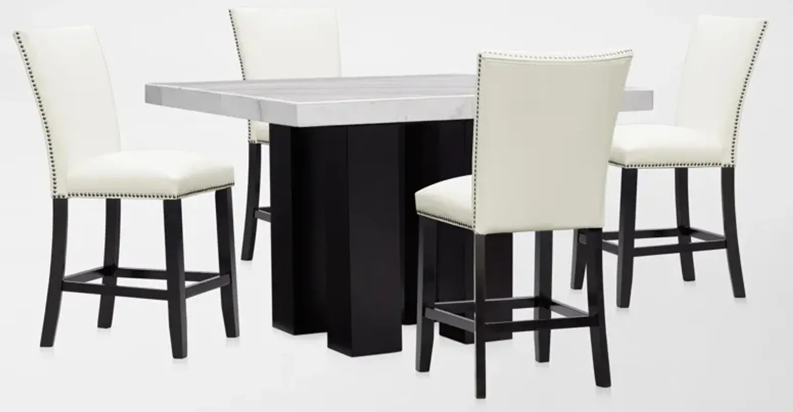 Artemis Marble Counter-Height Dining Table and 4 Upholstered Stools - White Marble/White