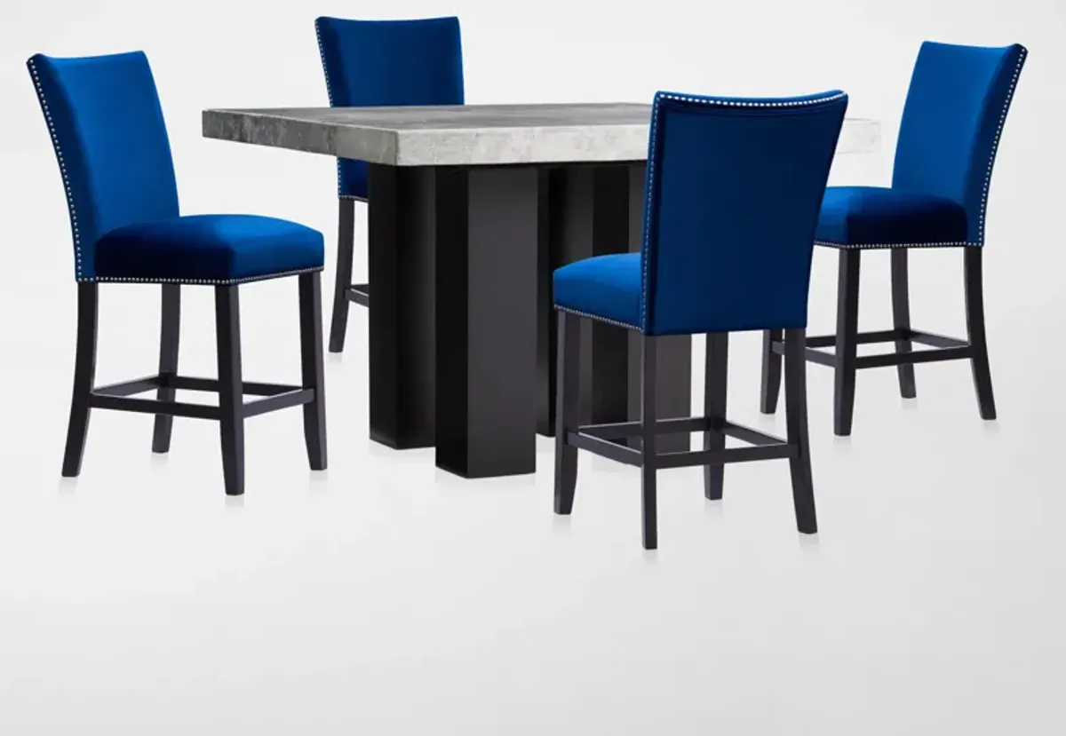 Artemis Marble Counter-Height Dining Table and 4 Upholstered Stools - Gray Marble/Blue