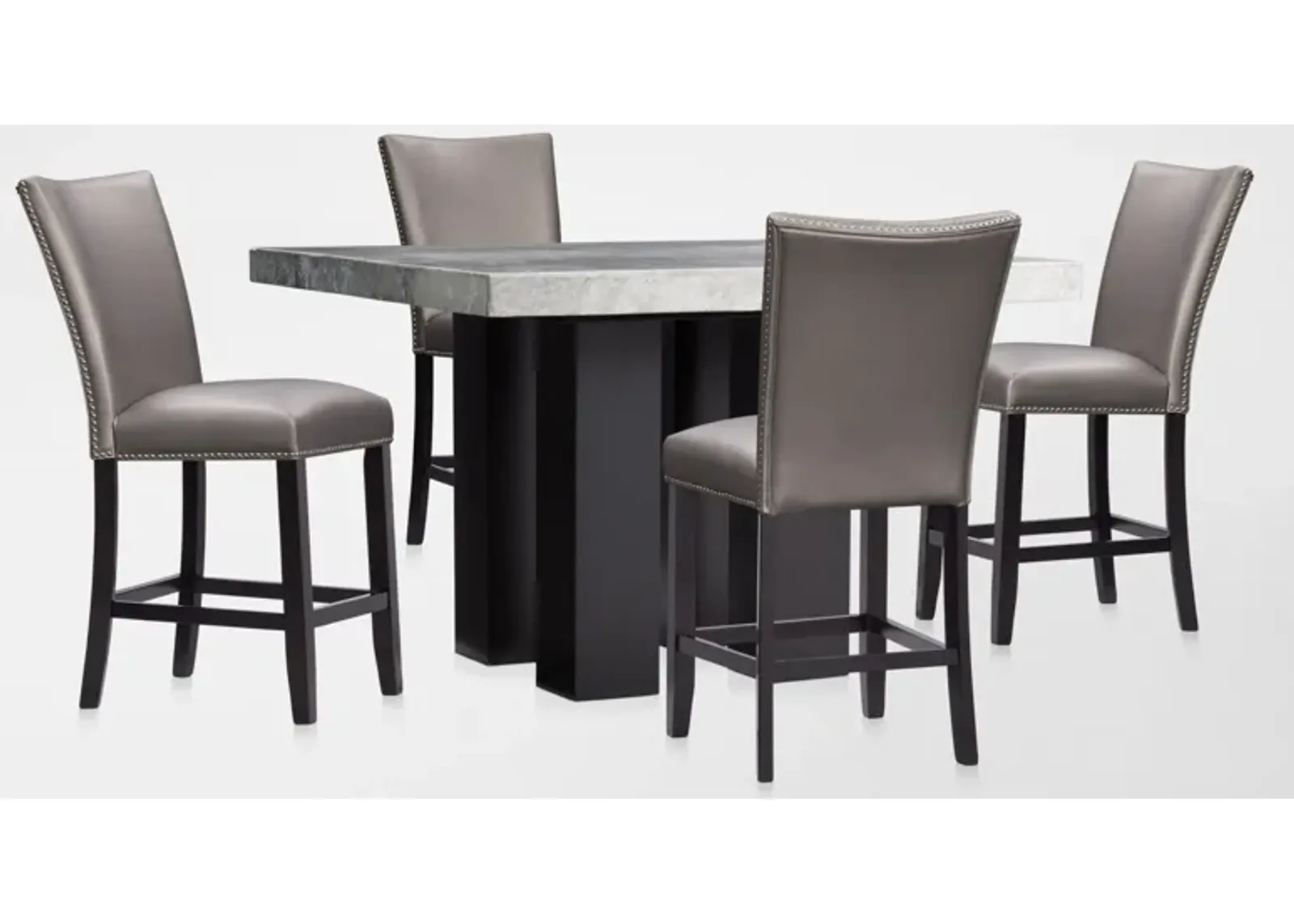 Artemis Marble Counter-Height Dining Table and 4 Upholstered Stools - Gray Marble/Gray