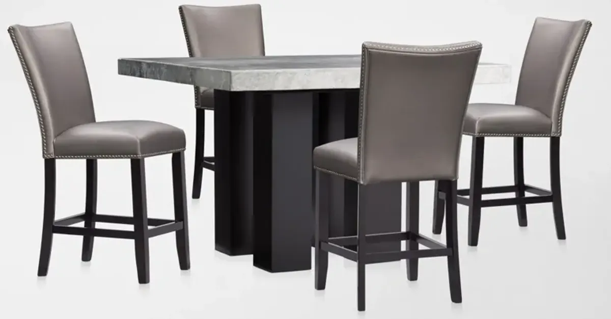 Artemis Marble Counter-Height Dining Table and 4 Upholstered Stools - Gray Marble/Gray