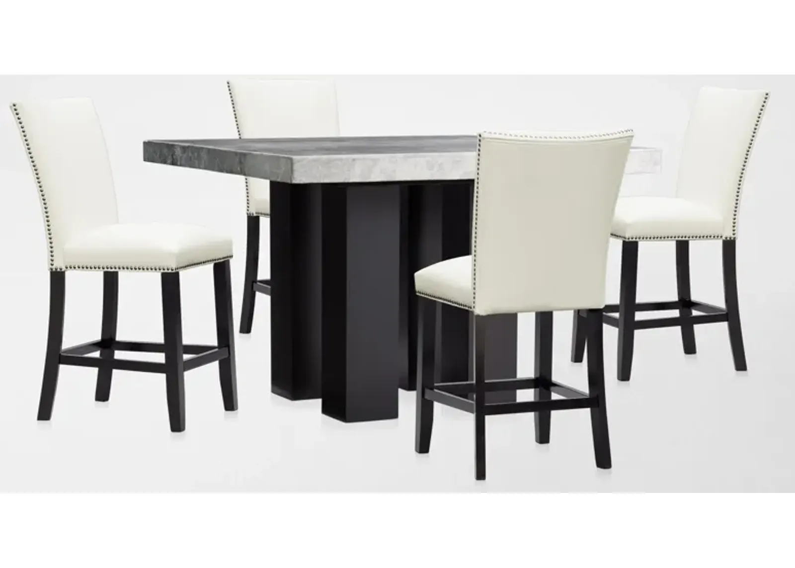 Artemis Marble Counter-Height Dining Table and 4 Upholstered Stools - Gray Marble/White