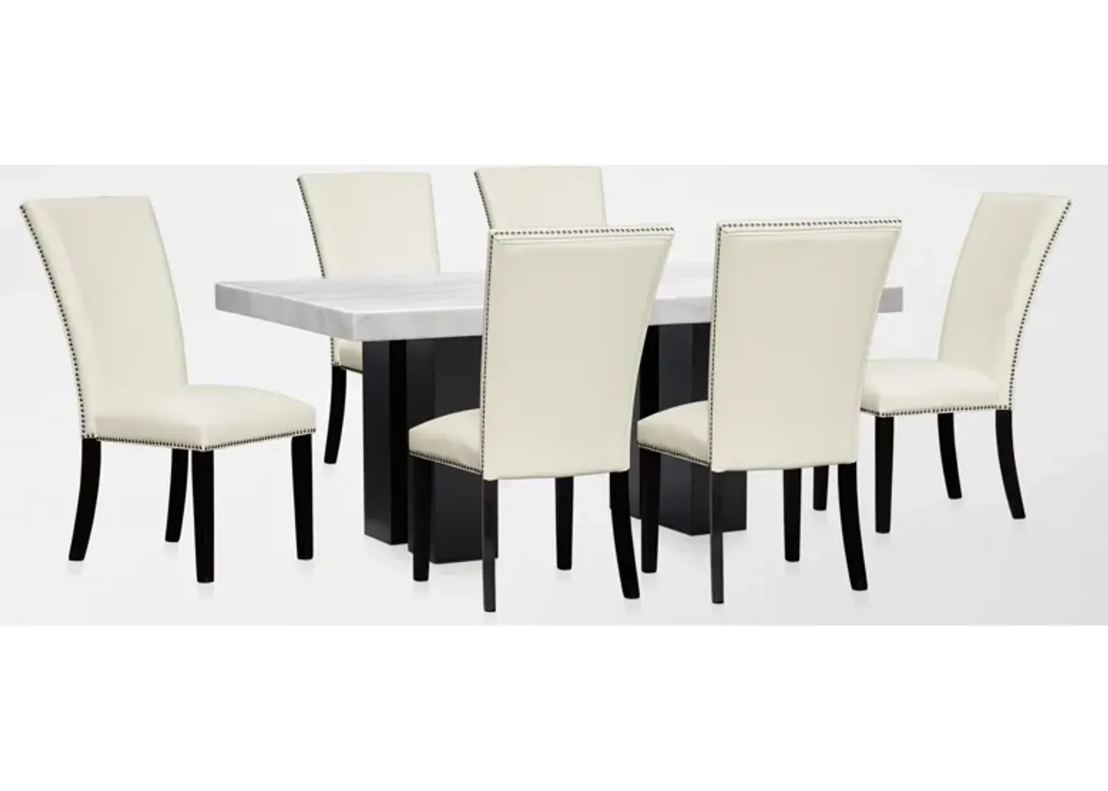 Artemis Marble Dining Table and 6 Upholstered Dining Chair - White Marble/White