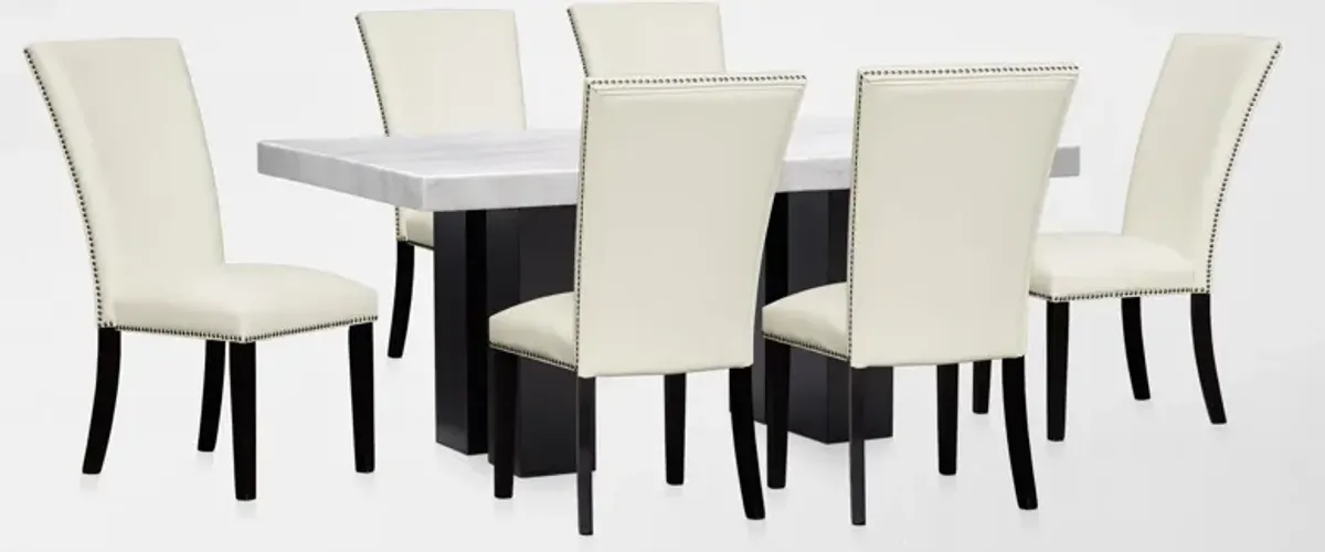 Artemis Marble Dining Table and 6 Upholstered Dining Chair - White Marble/White