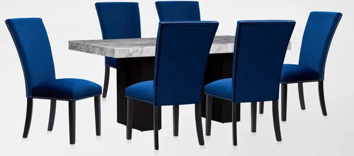 Artemis Marble Dining Table and 6 Upholstered Dining Chairs - Gray Marble/Blue