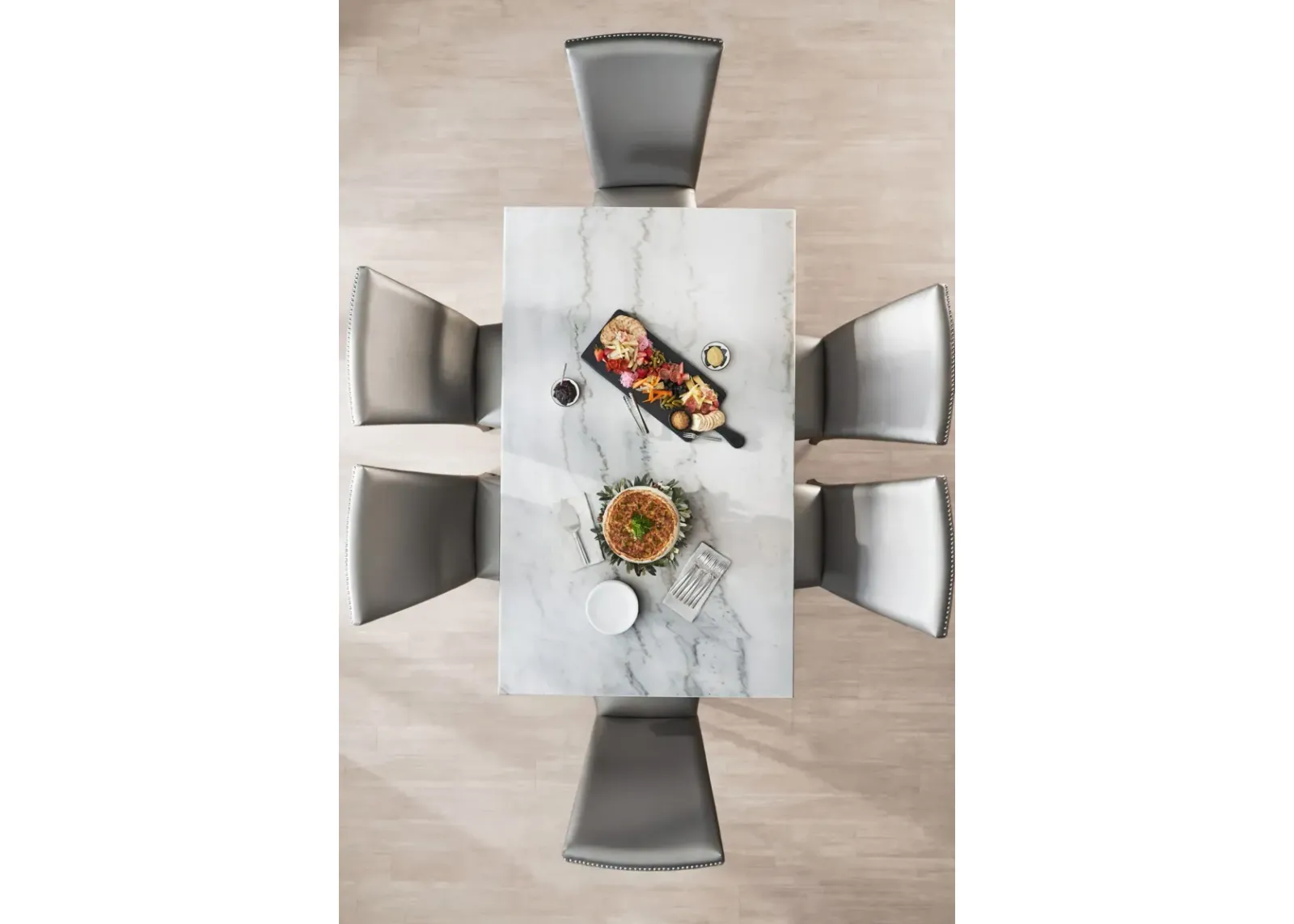 Artemis Marble Dining Table and 6 Upholstered Dining Chairs - Gray Marble/Gray