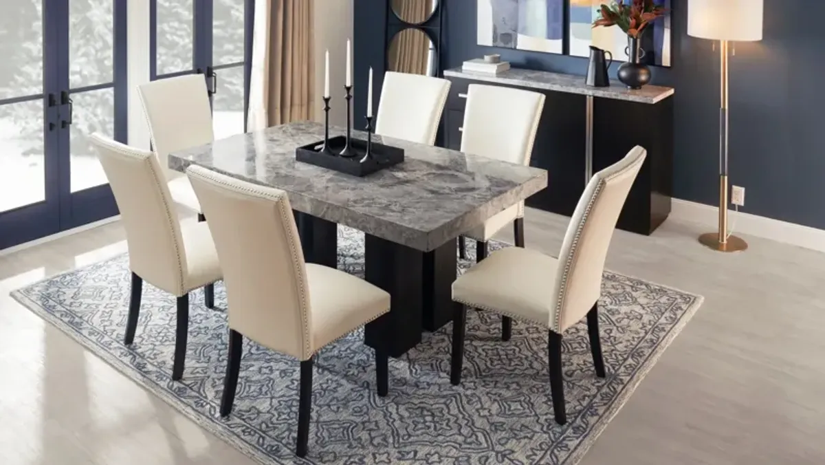 Artemis Marble Dining Table and 6 Upholstered Dining Chairs - Gray Marble/White