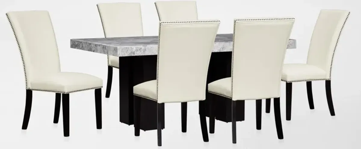 Artemis Marble Dining Table and 6 Upholstered Dining Chairs - Gray Marble/White